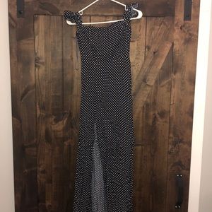 Off the shoulder navy polka dot maxi.